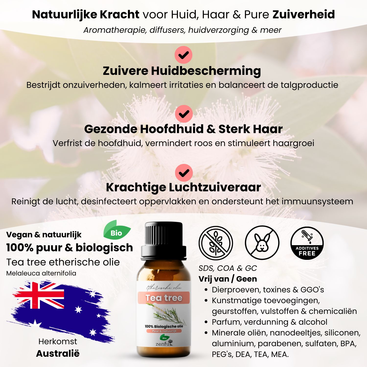 Tea tree etherische olie werking geur toepassing aromatherapie