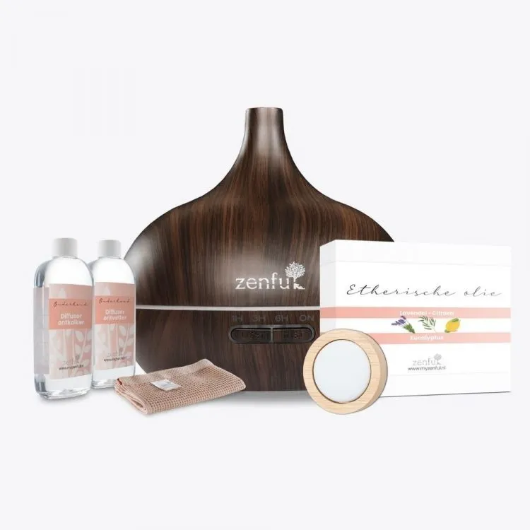 Zenful aromatherapie set aroma diffuser etherische olien onderhoudset geursteen dewdrop donker hout