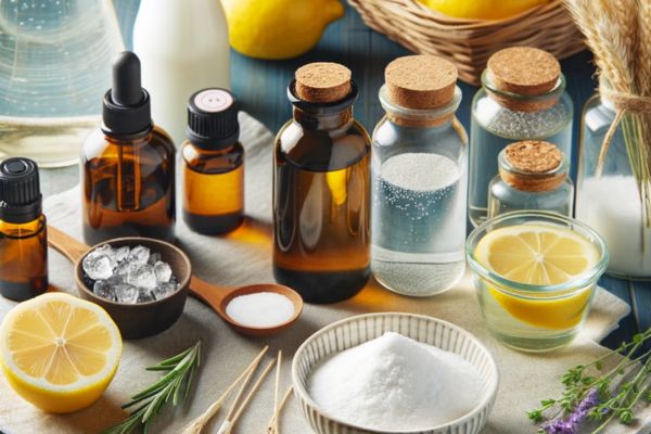Benodigdheden om zelf schoonmaakmiddelen te maken en ingredienten