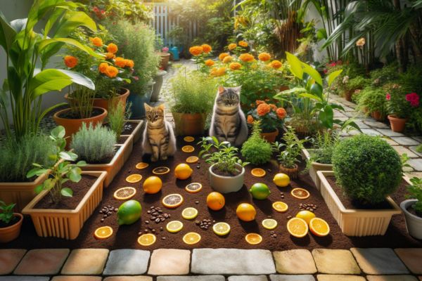 Katten in tuin allemaal fruit planten enz