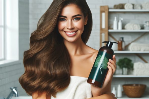 Mooie vrouw met gelimlach en glanzen haar blij met tea tree olie voor haar en hoofdhuid