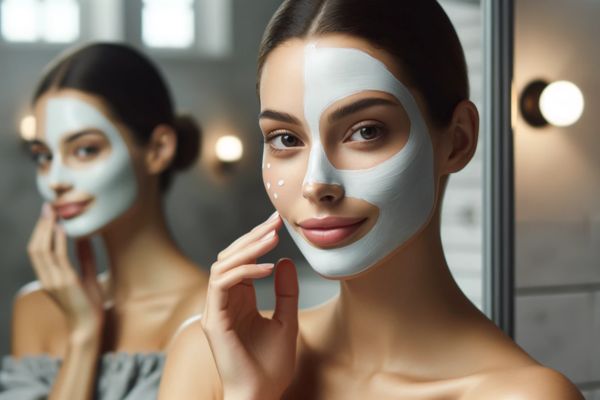 Prachtige vrouw gebruikt gezichtsmasker voor juiste goede huidverzorging