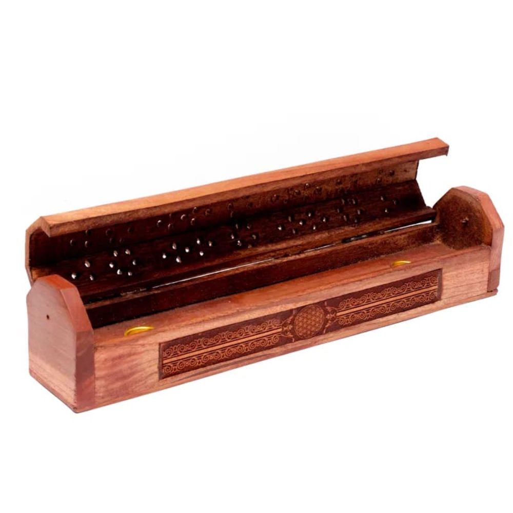 Wierookbrander en bewaardoos acacia hout flower - Afbeelding 2