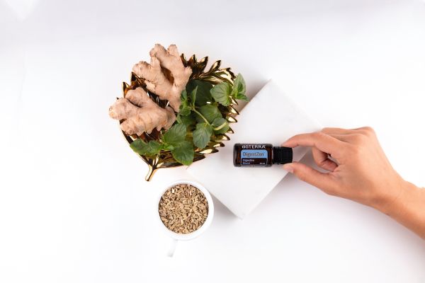 Gember plant en flesje met gember pitten in een bakje